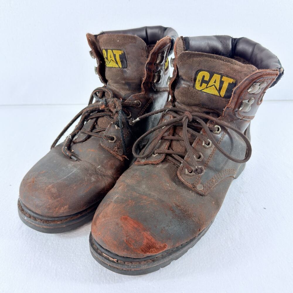 Caterpillar Second Shift Men Work Boots Leather Ankle Steel Toe Brown Size 10.5